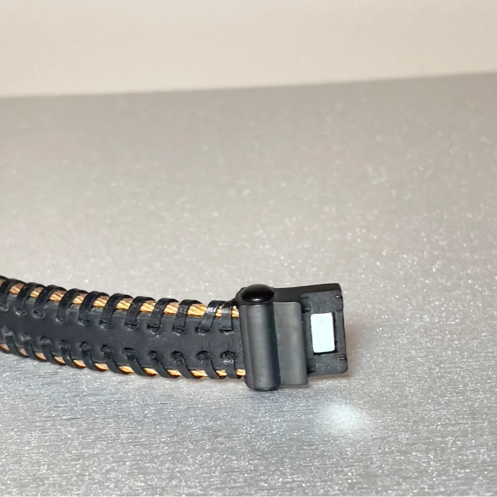INOX Black Leather & Woven Gold Stainless Steel Cable Bracelet w/Magnetic Clasp